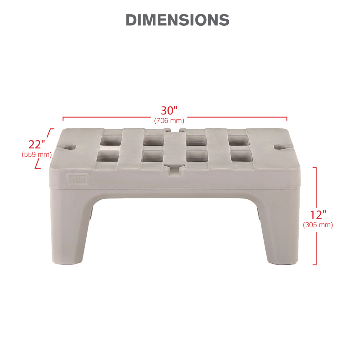 A rectangular beige plastic step stool with a slotted top, made from corrosion proof polymer. Red dimension lines indicate length 30 (706 mm), height 12 (305 mm), and depth 22 (559 mm). DIMENSIONS is labeled in bold text above the stool.