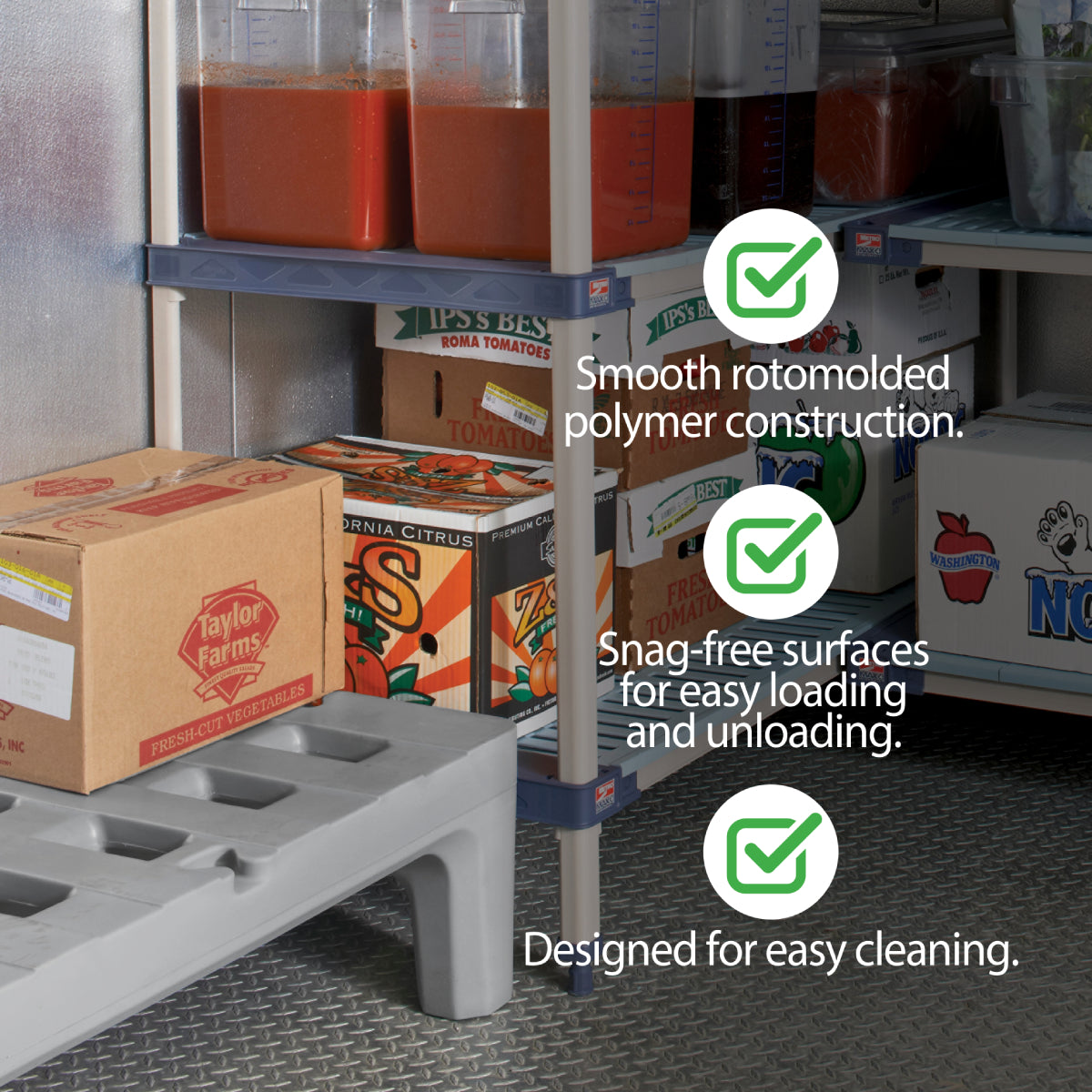 A commercial kitchen storage area with shelves holding tomato sauce containers and boxes. A gray NSF corrosion proof polymer dunnage rack sits on the floor. Overlaid text highlights smooth rotomolded construction, snag-free surfaces, and easy cleaning.