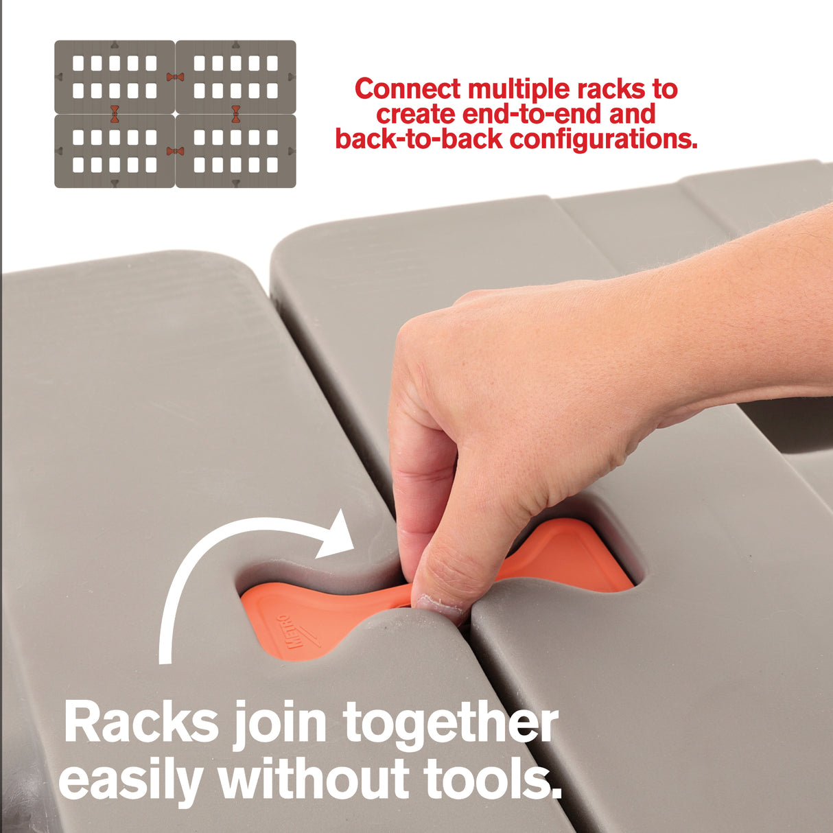 A hand inserts an orange connector between two gray dunnage racks with an arrow showing how they join. Text reads, Racks join together easily without tools and are NSF listed—connect multiple corrosion proof racks end-to-end or back-to-back.