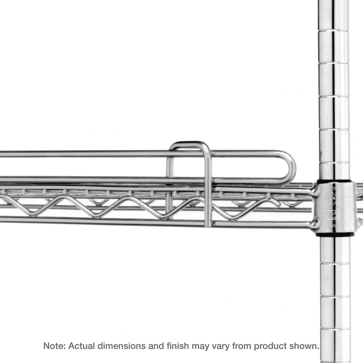 Close-up of a Super Erecta Shelf with a stainless finish, showing part of the shelf supported by two vertical poles and a small raised shelf ledge at the back. Text below notes that actual dimensions and finish may vary from the product shown.