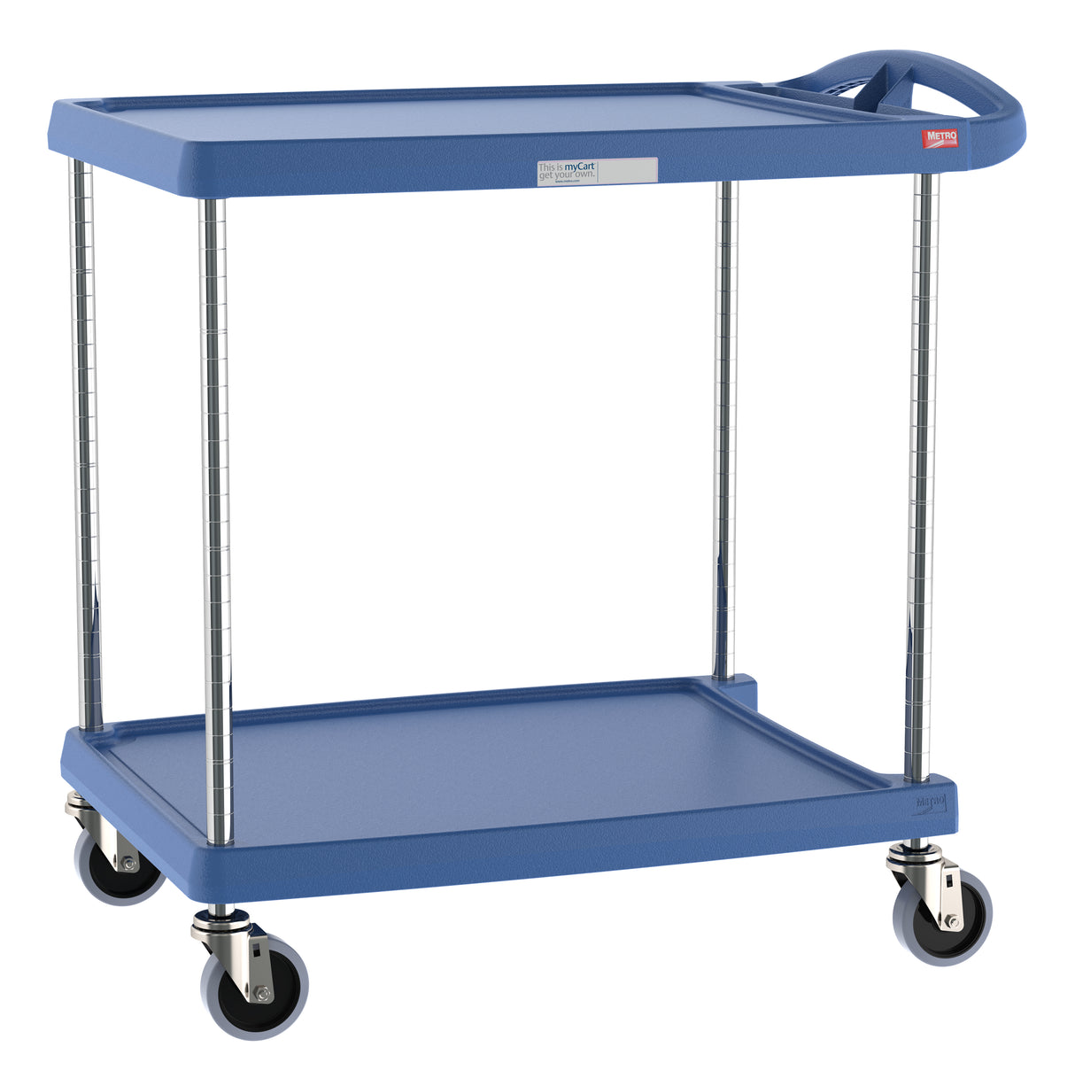 A blue utility cart featuring a heavy duty plastic shelf and two flat tiers, four chrome legs, swivel caster wheels, and a convenient handle. Its rectangular, open design is ideal for transporting items efficiently.