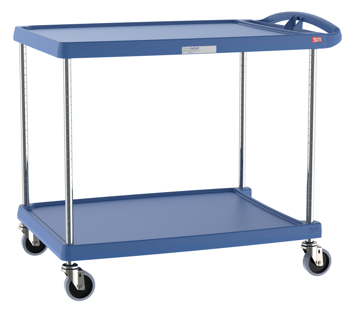 A blue utility cart with chrome legs and four swiveling caster wheels. The two rectangular, heavy duty plastic shelves have raised edges and feature Microban antimicrobial protection. A handle on one end allows for easy pushing or pulling.