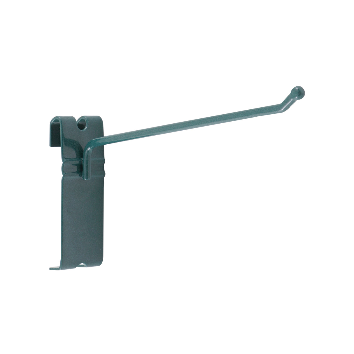 A SmartWall Prong Hook with Metroseal 3 antimicrobial protection: this metal pegboard hook features a flat back plate, a single bent rod with a rounded tip, and two openings for secure attachment. Displayed against a white background.