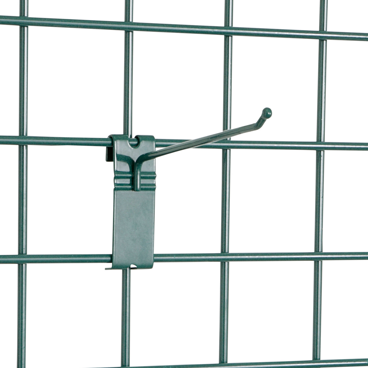 A SmartWall Prong Hook with a clip attachment is fastened to a wire grid display. The hook extends outward and angles slightly upward, allowing items to be hung securely. The grid features intersecting Metroseal 3-coated metal bars for added antimicrobial protection.