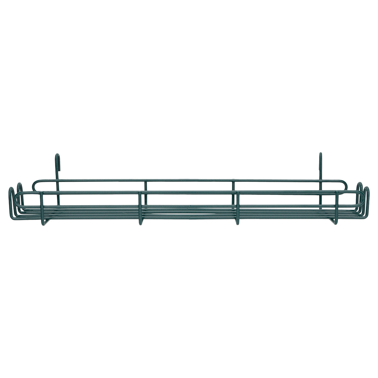 A metal wire shelf with a rectangular shape, raised sides, and hooks at the back for mounting. Featuring antimicrobial protection, this minimalist shelf is designed to hold lightweight items and attach to a wall or similar vertical surface.