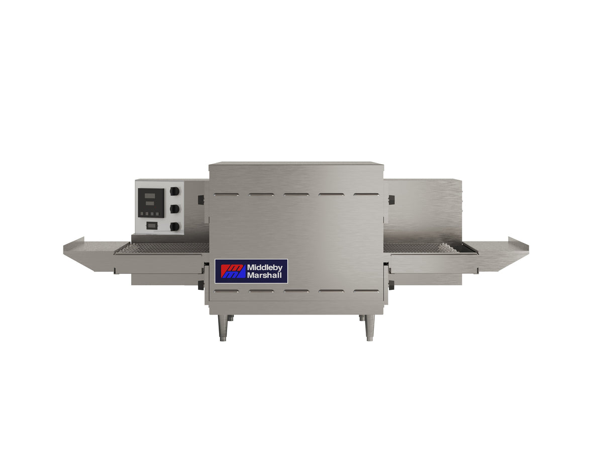 A stainless steel Middleby Marshall PS520E electric conveyor oven with a control panel on the left, perforated conveyor belts extending from each side, and the brand logo centered on the front; isolated on a white background.
