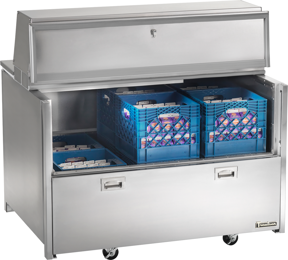 A stainless steel milk cooler with wheels, open to reveal two blue crates filled with cartons of milk. Featuring forced-air cooling, it has an upper compartment with a sliding door and a lower pull-down door with two handles.