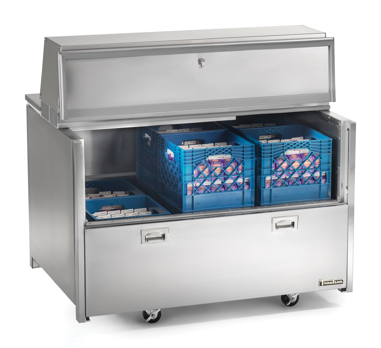 A commercial stainless steel milk cooler on wheels with a lockable top door open, revealing blue plastic milk crates filled with small cartons of milk inside. The forced-air system ensures optimal chill, and two large handles are on the front lower section.