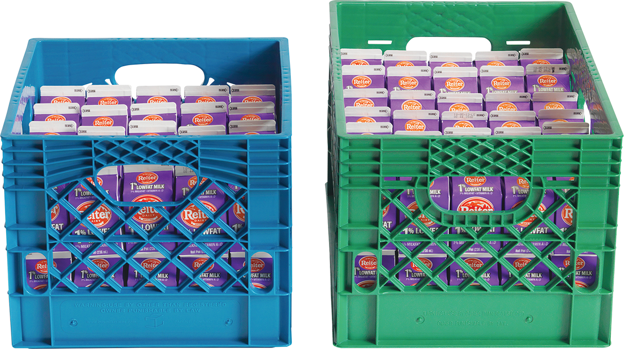 Two plastic crates, one blue and one green, are filled with rows of purple and white cartons of Reiter Dairy milk—ideal for loading into a double access milk cooler. The crates have open lattice sides, handles, and the cartons are neatly upright in each crate.