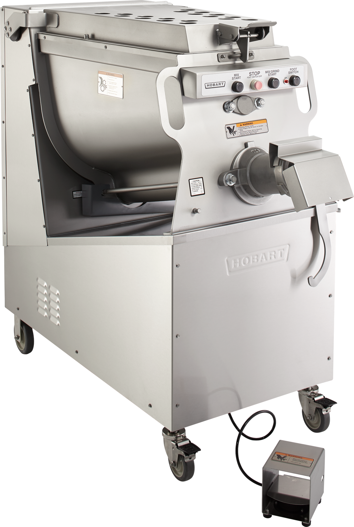 A large industrial Hobart Mixer Grinder on wheels, made of stainless steel, with a 200 lb. capacity hopper, control panel with buttons and switches, a chute for dispensing ground meat, and a foot pedal attached by a cable resting on the floor.