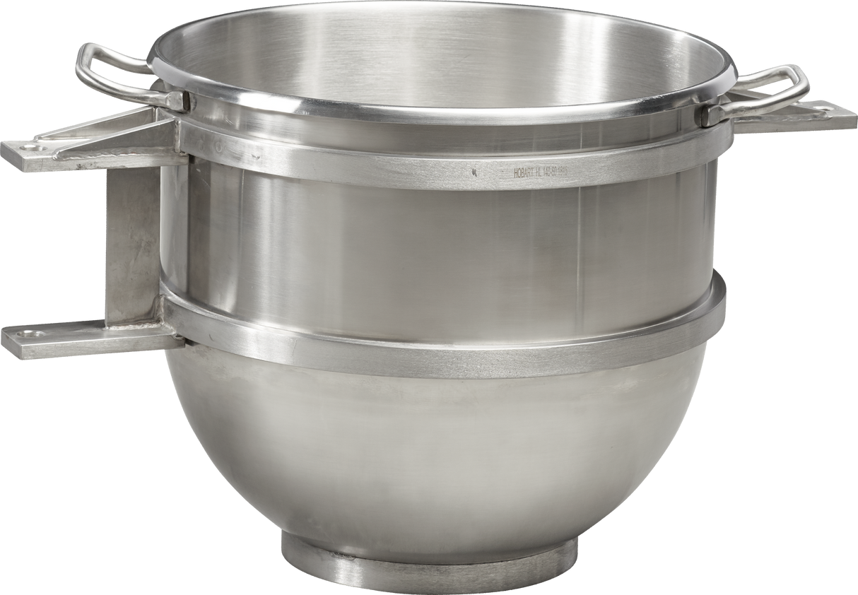 A large, industrial 60 quart Legacy Mixer Bowl with two flat handles and a reinforced rim, crafted from stainless steel for commercial kitchens or bakeries. The bowl’s rounded base and smooth, shiny surface ensure durability and ease of use.