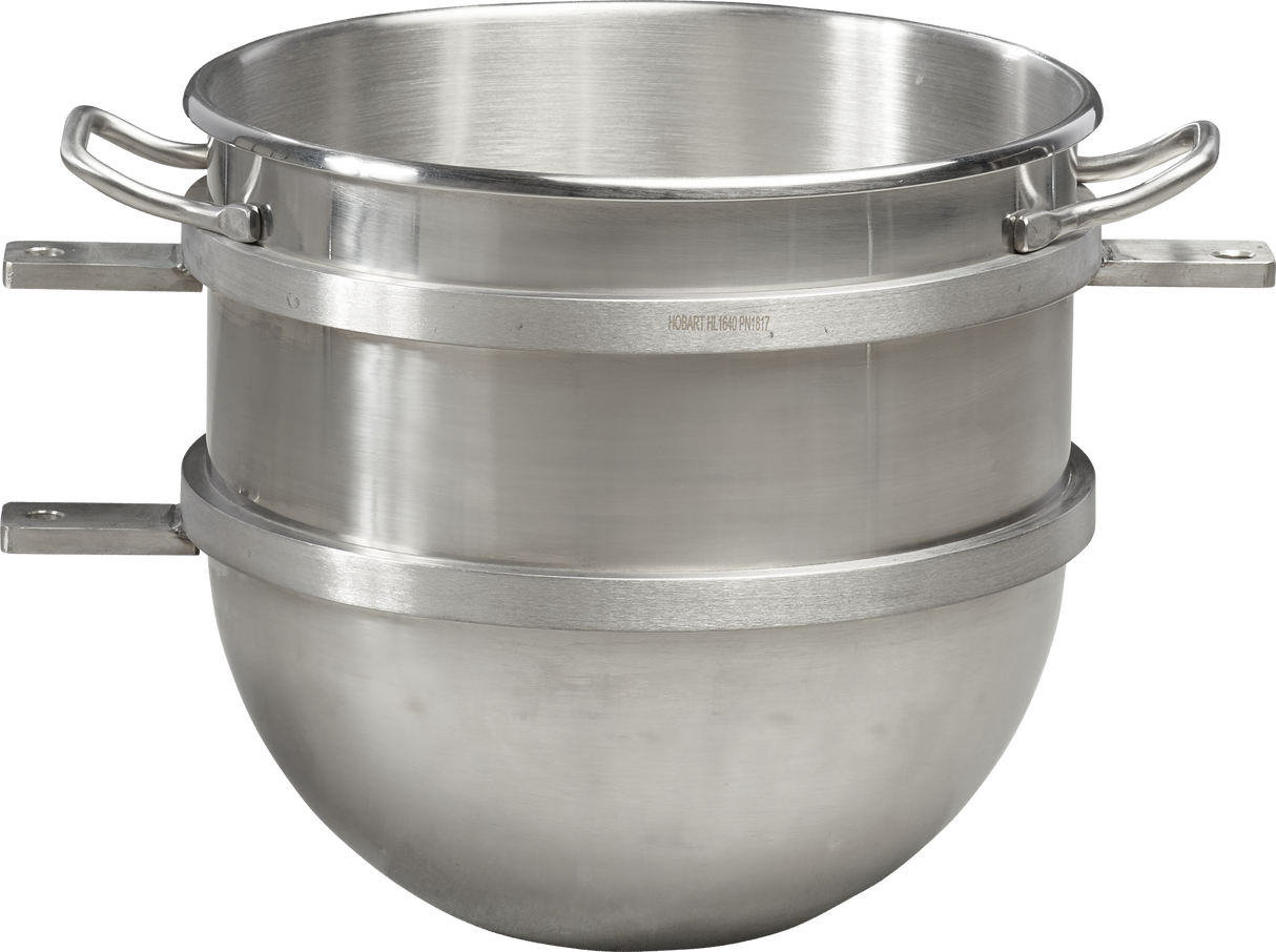 A 40 quart double boiler made of stainless steel with two stackable pots; the rounded bottom pot holds boiling water, while the top fits securely above it. Both feature sturdy side handles. The background is plain and light-colored.