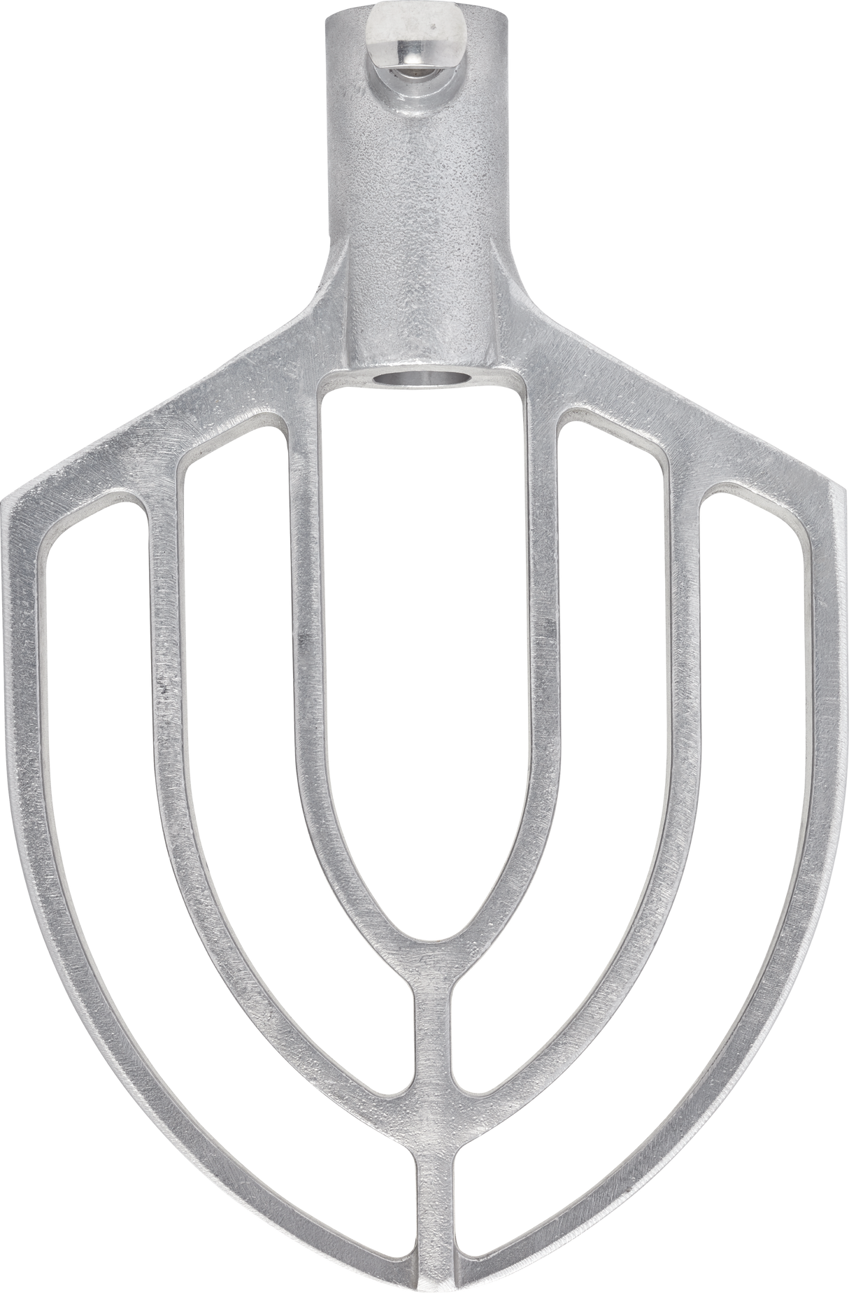 A sturdy, industrial flat beater attachment for a 20 quart mixer, shaped like an upside-down fan with vertical and curved bars, featuring a central hole at the top for easy connection to your Legacy Mixer. Silver finish enhances its professional look.