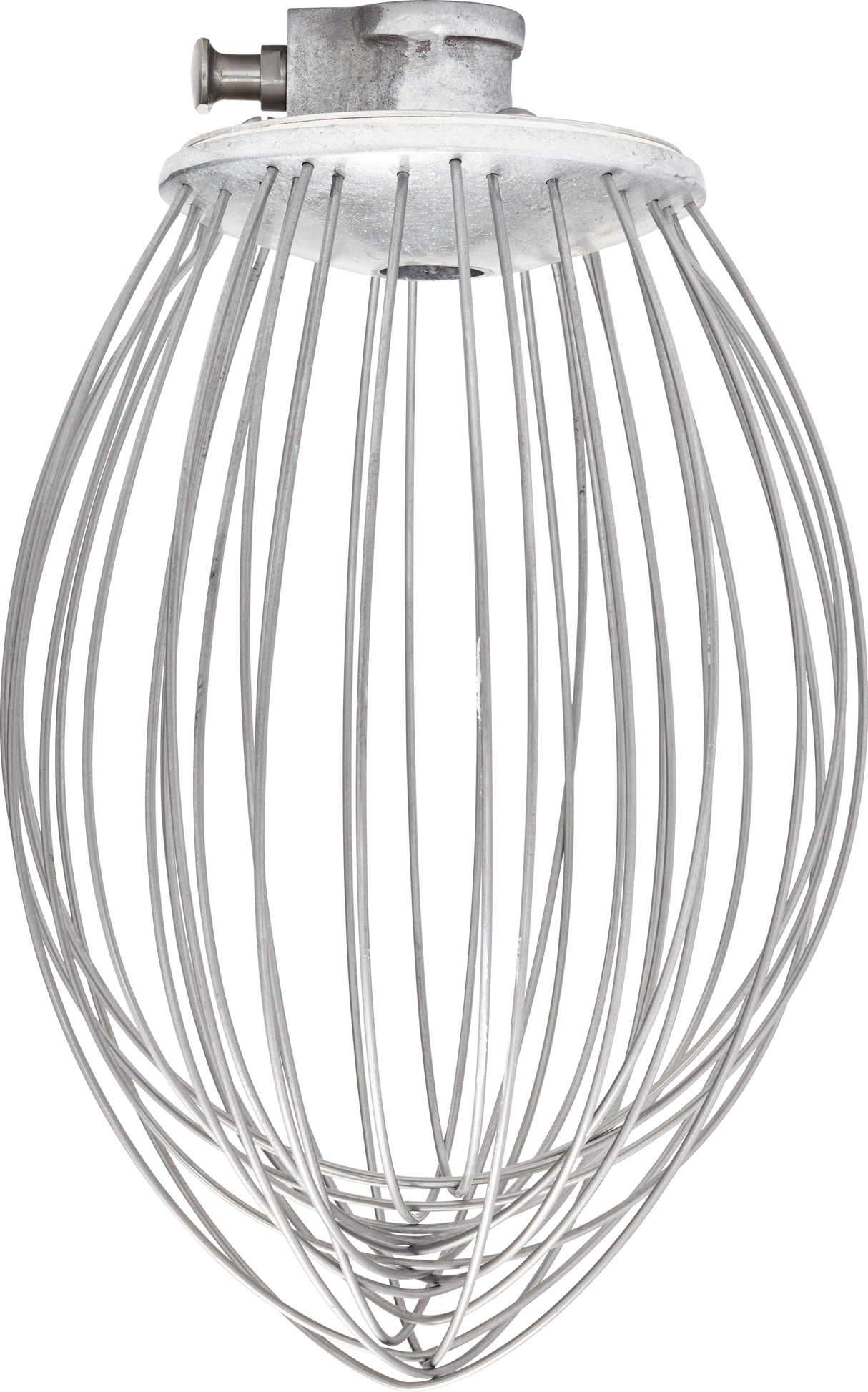 A stainless steel 12 quart wire whip attachment, designed for a Hobart Legacy Mixer, is shown against a white background. Multiple thin metal wires form a balloon shape, converging at a metal hub with a lock pin for easy mixer attachment.