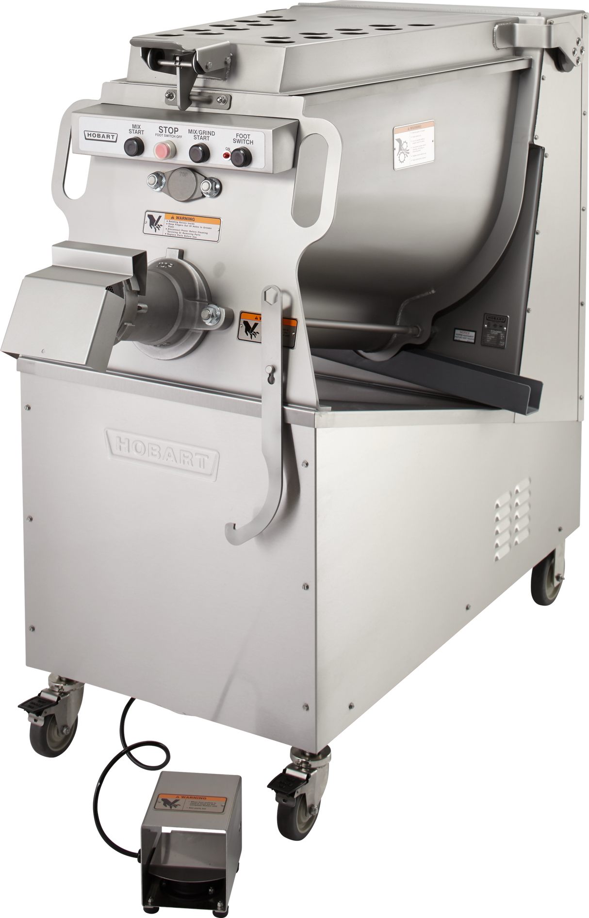 A large industrial Hobart Mixer Grinder with 200 lb. capacity, made of stainless steel on wheels, features a food chute, control panel, safety labels, side handles, and a connected foot pedal. The machine is shown against a white background.