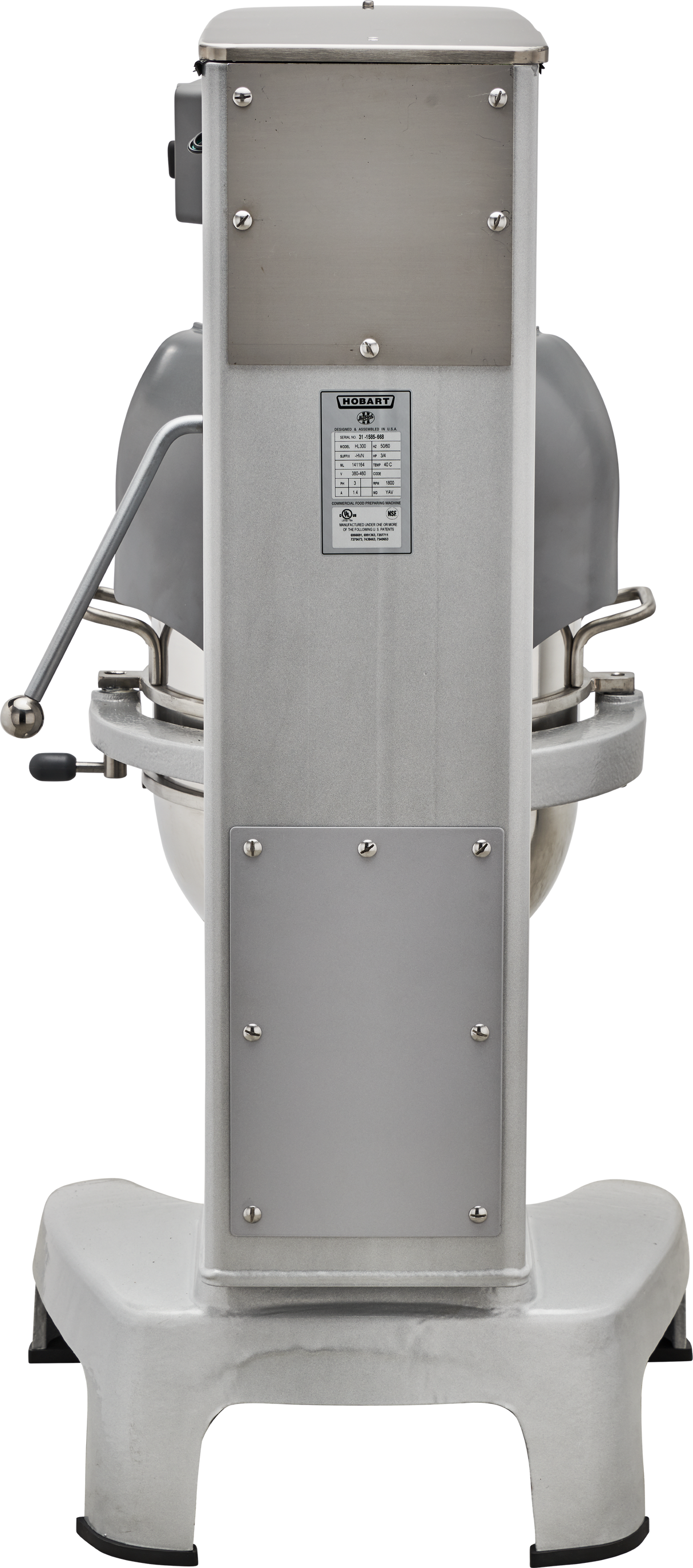 Front view of a large, industrial 30 quart planetary mixer with a heavy base, control lever on the left, mixing bowl partially visible, and a rectangular label with specifications on the main vertical column.