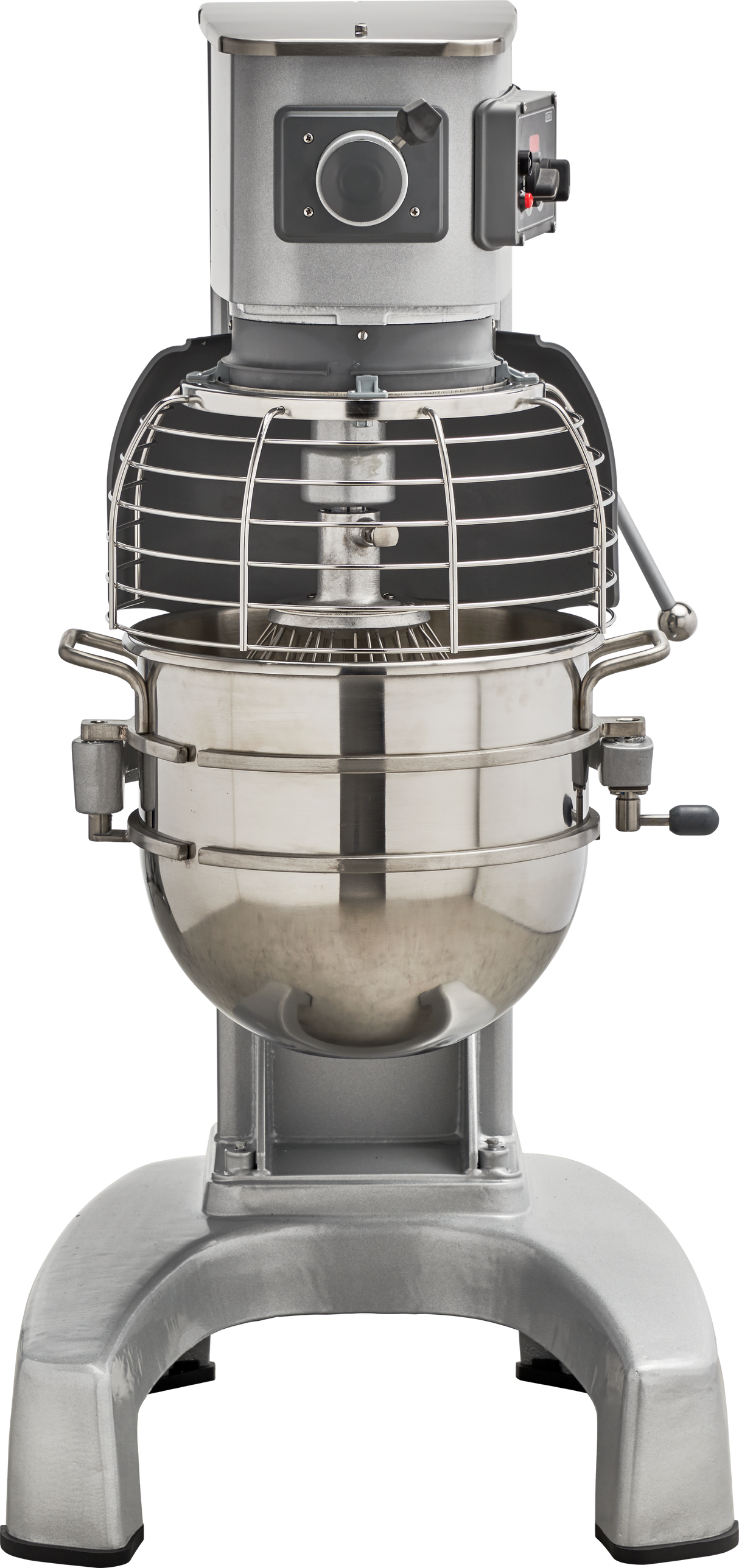 A large 30 quart planetary mixer with a metal base and stainless steel bowl. The mixer features a protective wire guard, control knobs, and levers, with the mixing attachment inside. The machine appears sturdy and industrial.