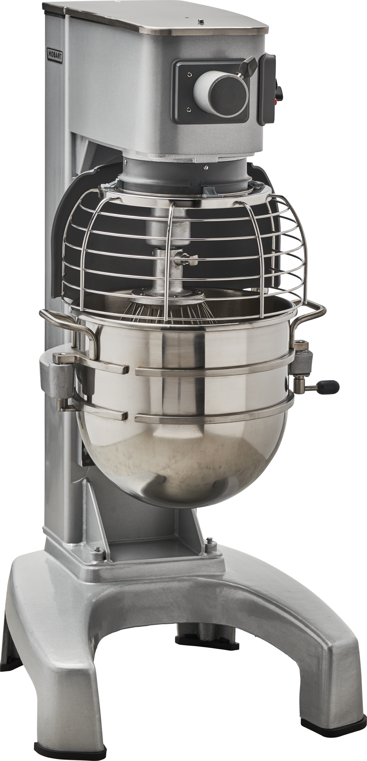 A large, industrial Legacy Planetary Mixer with a metal safety guard, control knob, and side handle. This 30 quart mixer features a sturdy metallic frame and a sizable mixing bowl beneath the enclosed mixing mechanism.