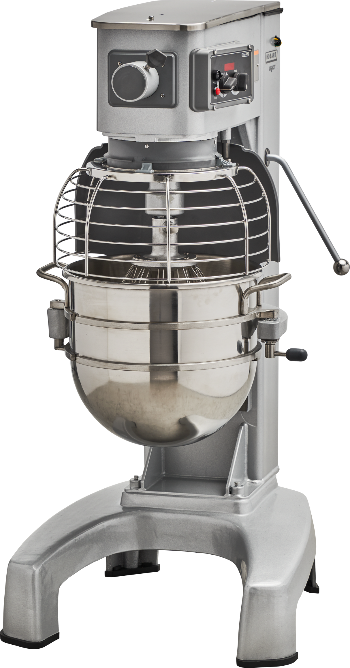 A large 30 quart planetary mixer with a stainless steel mixing bowl, wire safety guard, and control panel featuring buttons and a dial. The mixer stands on sturdy legs with a metallic finish, perfect for commercial kitchens or bakeries.