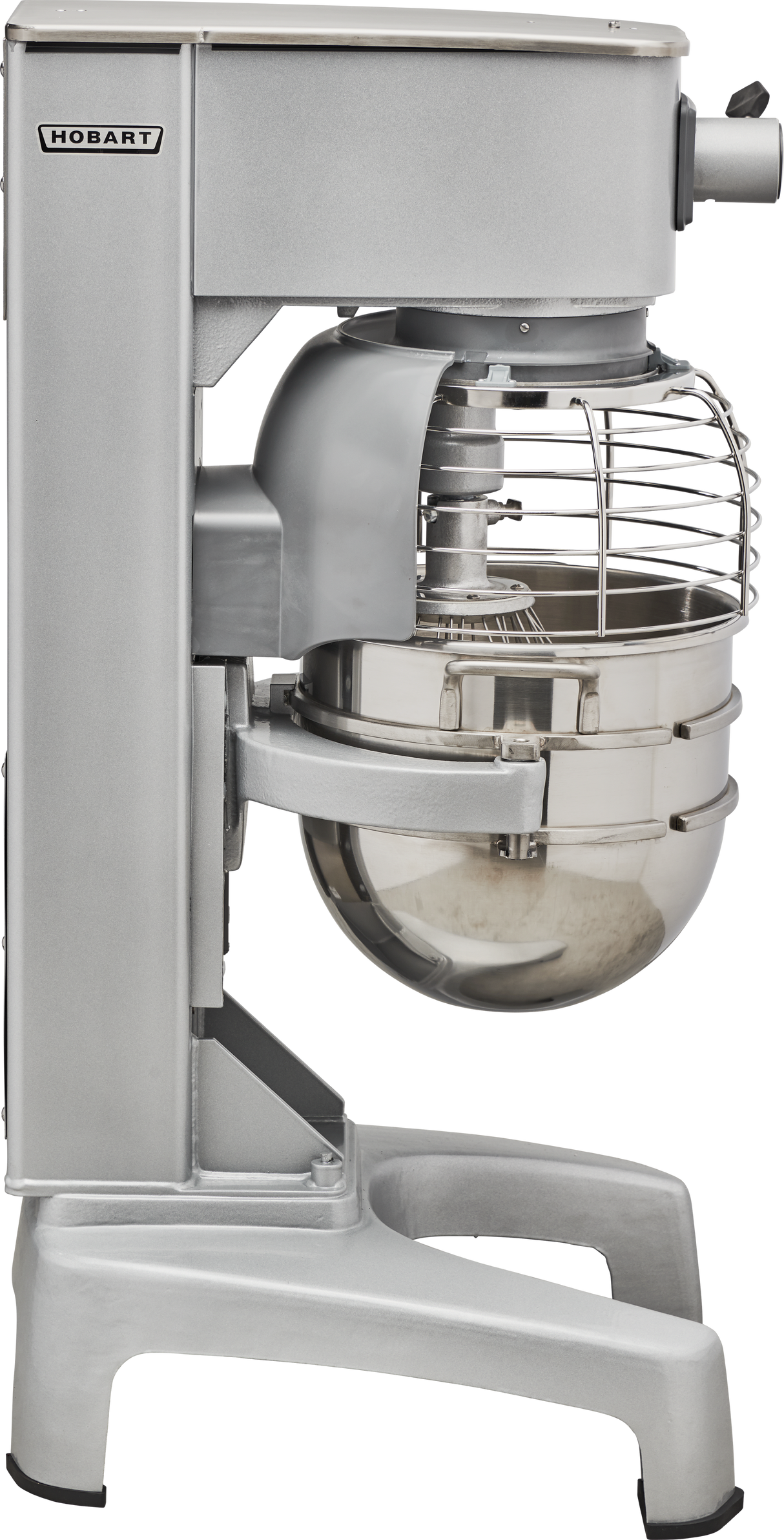 A large, industrial Hobart HL300 Legacy Planetary Mixer with a stainless steel mixing bowl and wire safety guard, shown in side profile. This 30 quart mixer features a sturdy metal frame and a visible whisk attachment inside the bowl.