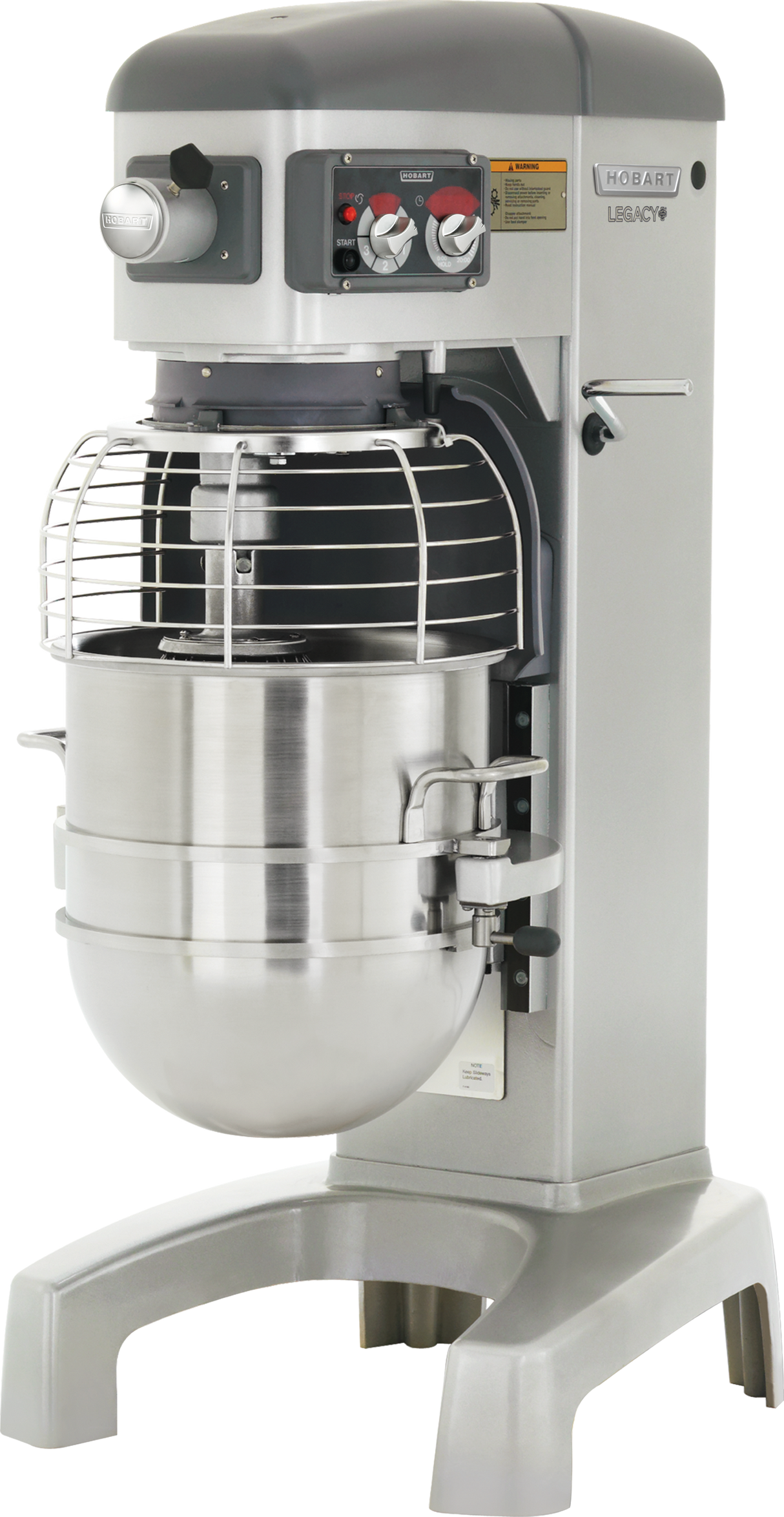 A large Hobart HL1400C correctional planetary mixer with a 140 quart stainless steel bowl and protective wire guard. The machine has control knobs, switches, and a digital display on a gray panel labeled Hobart Legacy, mounted on a sturdy metal base.