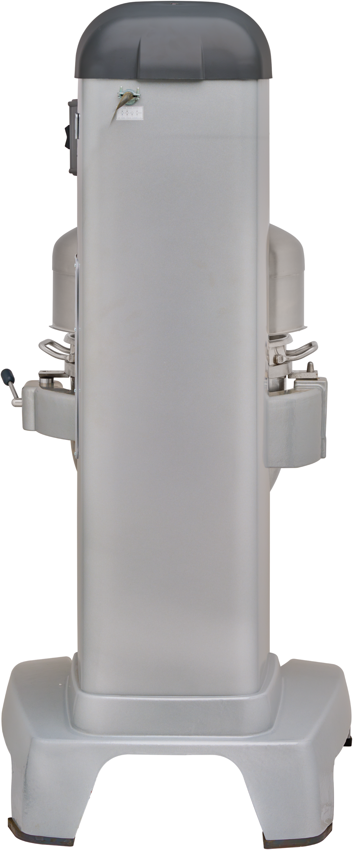 A silver, rectangular Hobart mixer stands upright on a wide base with four feet. It features a dark gray, rounded top and side levers and attachments. The plain white background highlights the equipment’s metallic surface and simple, functional design.