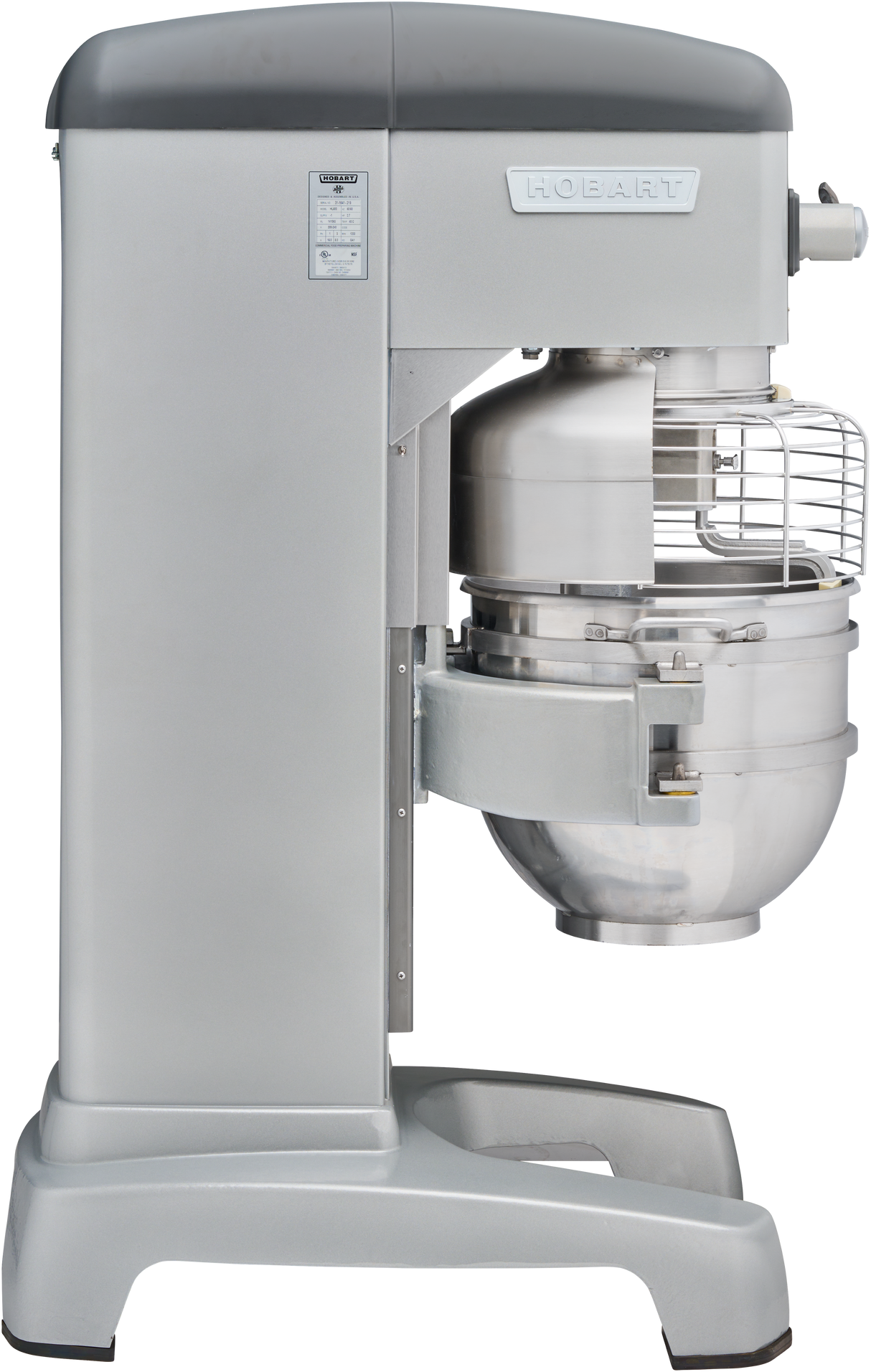 A large, industrial Hobart planetary mixer in silver, featuring a metal mixing bowl, safety guard, and sturdy base. This 60 quart mixer is designed for heavy-duty food preparation in commercial kitchens.