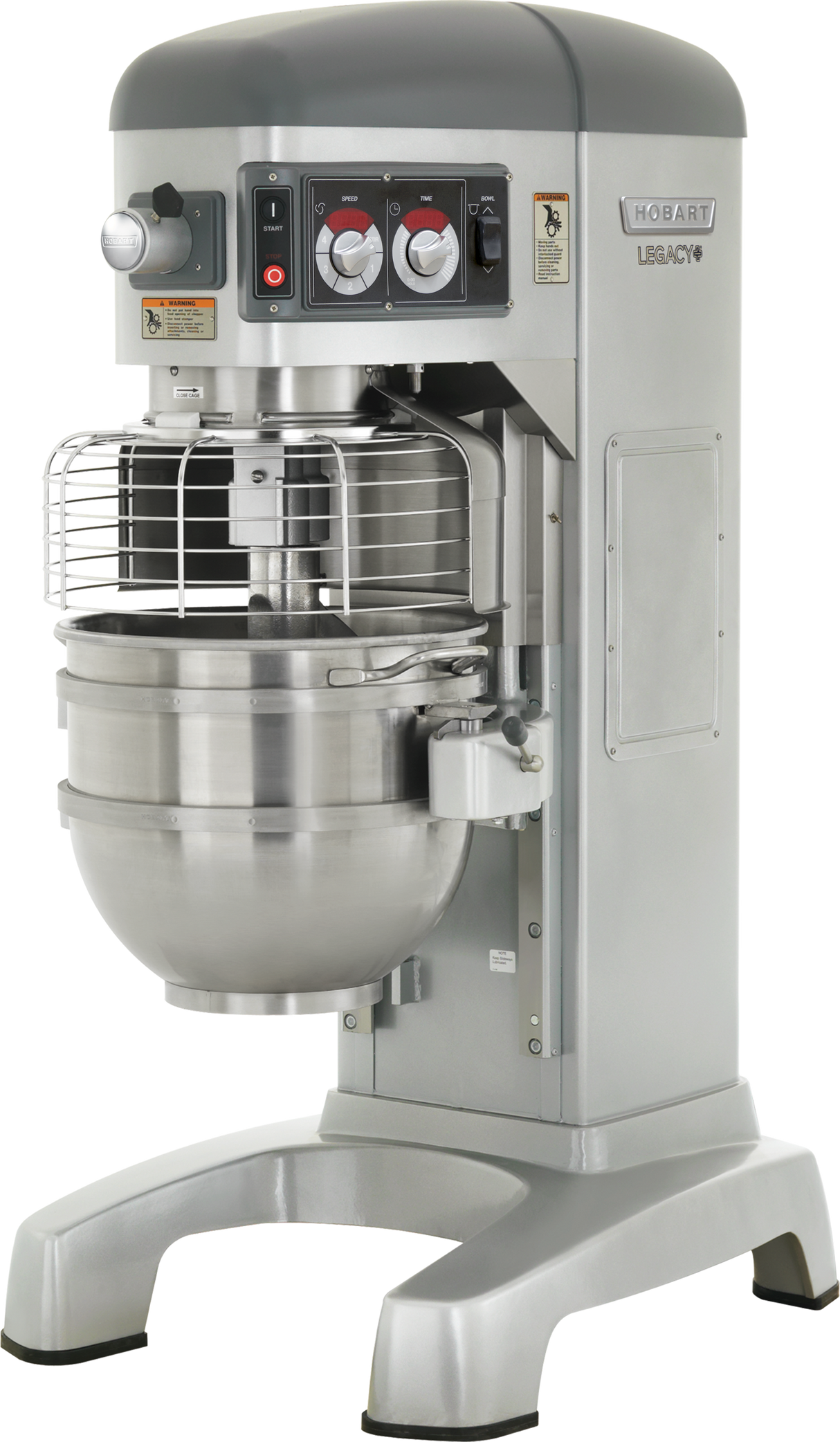 A large industrial 60 quart mixer with a metal bowl, safety guard, and control panel. Labeled “Hobart Legacy,” this silver and gray planetary mixer is ideal for commercial food preparation, featuring sturdy legs and a variety of switches and dials.