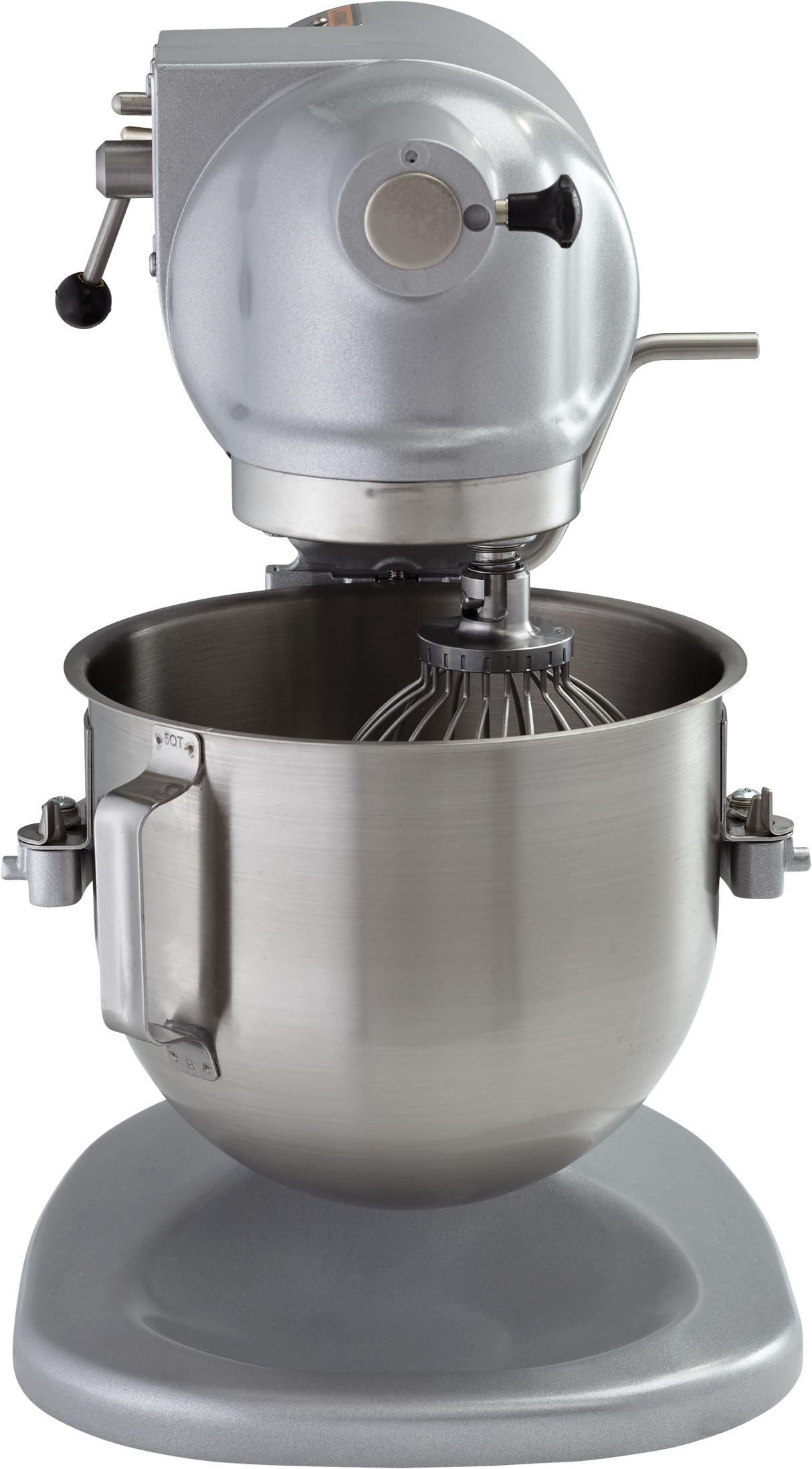 A silver 5 quart mixer with a large metal bowl and wire whisk attachment. The mixer has a rounded top, side lever, and sturdy base. Its modern, industrial design makes this planetary bench mixer ideal for heavy-duty kitchen tasks.