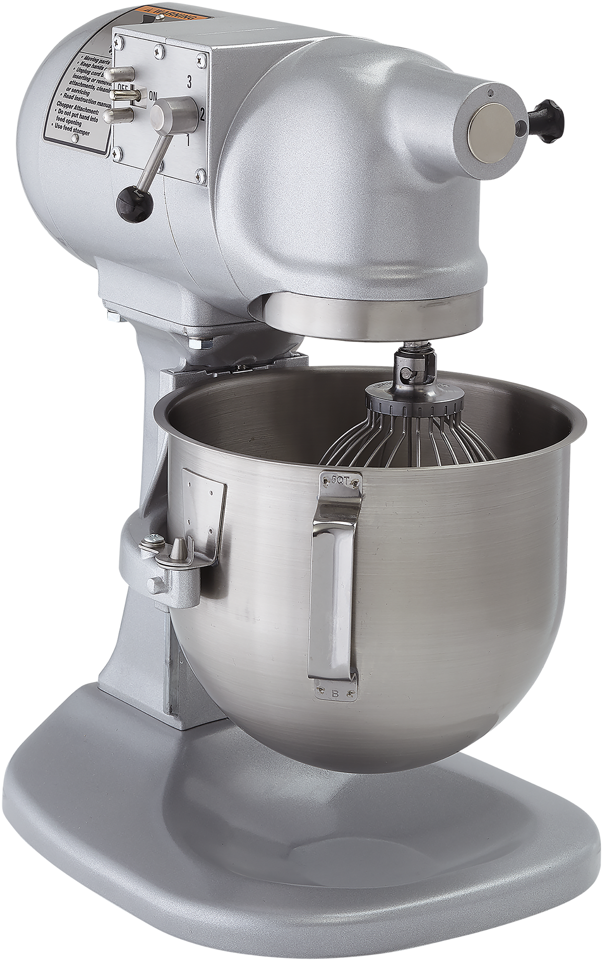 A large silver planetary bench mixer with a metal mixing bowl and wire whisk attachment. The mixer has a lever, control switches, sturdy base, and side clamps for the bowl—perfect for industrial use and similar to an ASTM concrete lab mixer in durability.