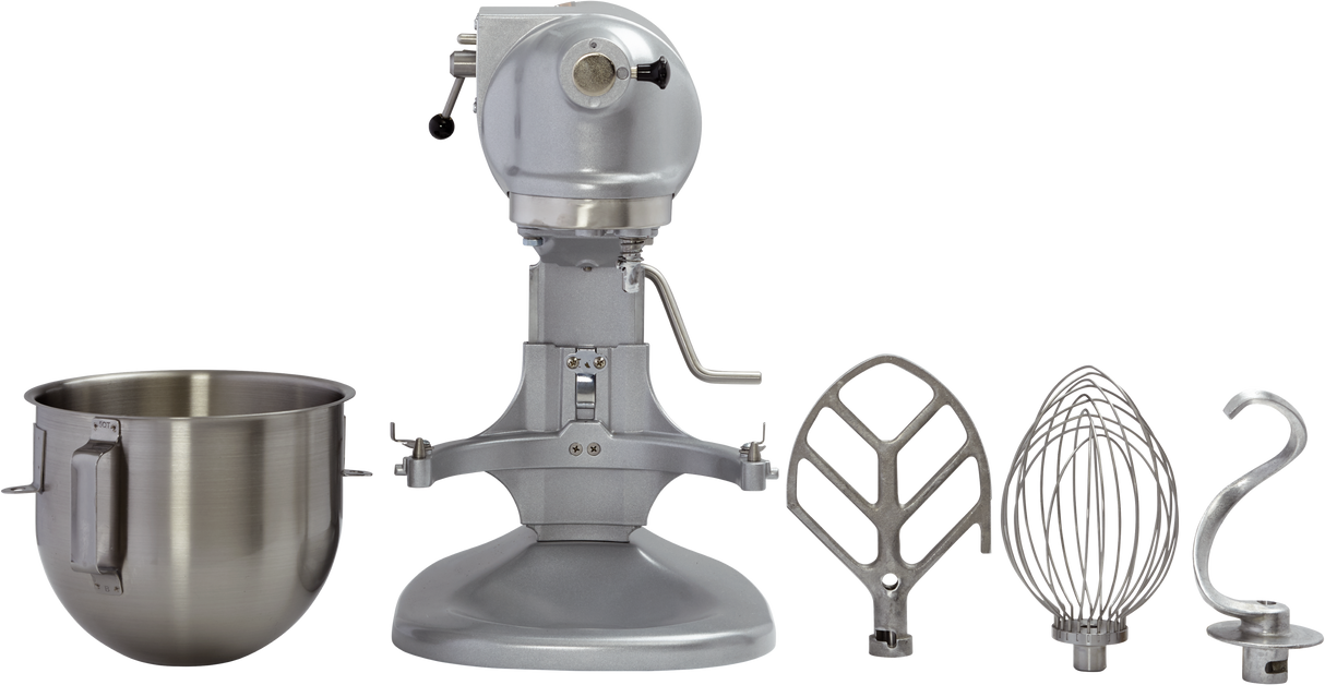 A silver 5 quart mixer is displayed with four attachments: a stainless steel mixing bowl, flat beater, wire whisk, and dough hook, all arranged side by side on a plain background. This planetary mixer is perfect for versatile kitchen tasks.