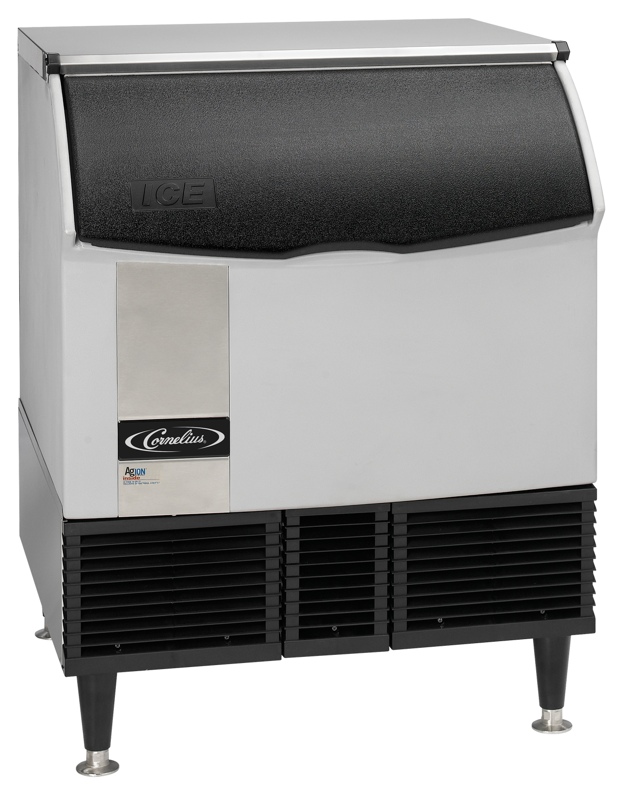 A stainless steel ice maker with black side vents, four short legs, and a curved black door labeled ICE. The front panel displays a Cornelius logo and a small colorful sticker. It’s ideal as an under counter ice maker for full-size ice cubes.