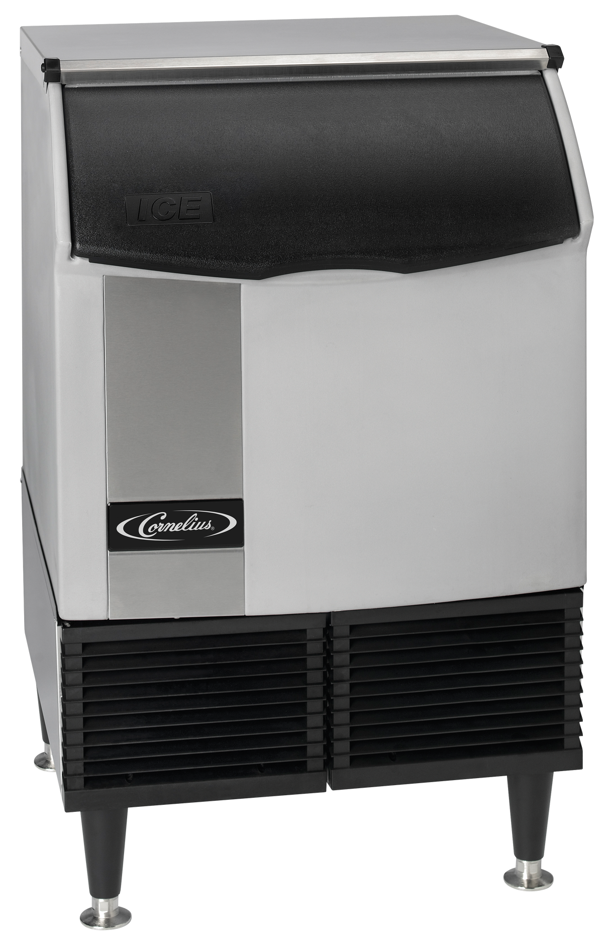 A stainless steel ice maker with black accents, featuring a large front door labeled ICE and Cornelius logo below. This under counter ice maker stands on four legs, has ventilation grilles at the bottom, and produces half-size ice cubes.