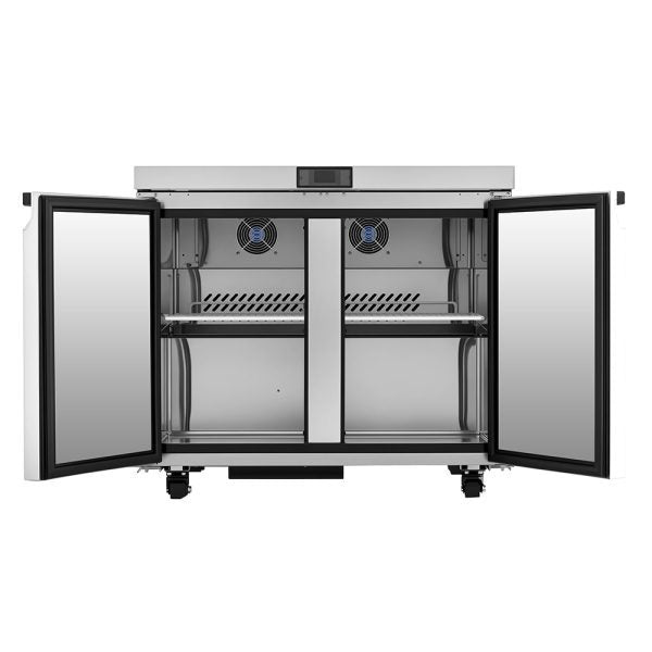 A stainless steel Atosa USA commercial refrigerator with two open glass doors reveals two spacious shelves inside. Fans and a digital control panel are visible at the back for cooling. The unit stands on four sturdy wheels for mobility.