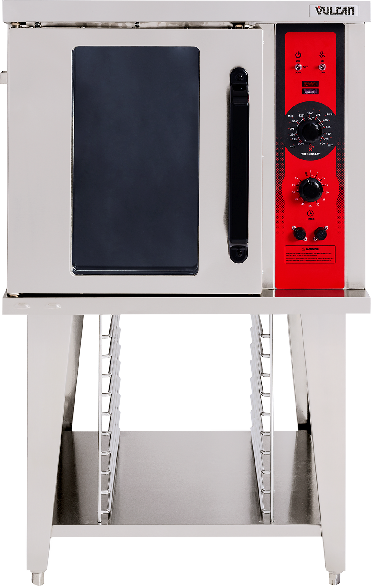 A commercial stainless steel Vulcan electric convection oven with a black-framed glass door and red control panel, featuring dials and buttons. ENERGY STAR certified, it is mounted on a metal stand with multiple rack slots beneath it.