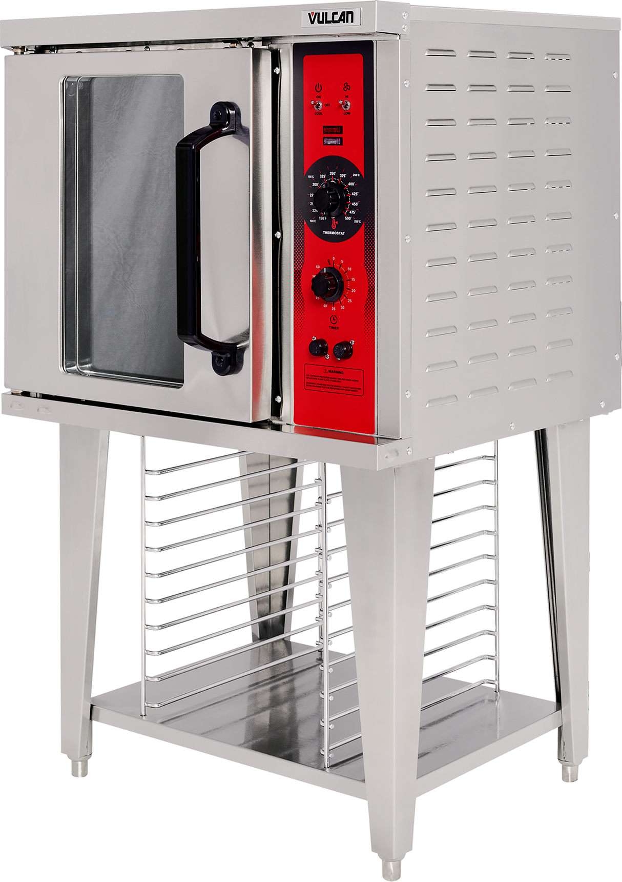 A stainless steel Vulcan electric convection oven with a red control panel, black knobs, a glass window door with a black handle, standing on metal legs, and an open rack shelf underneath for additional storage.