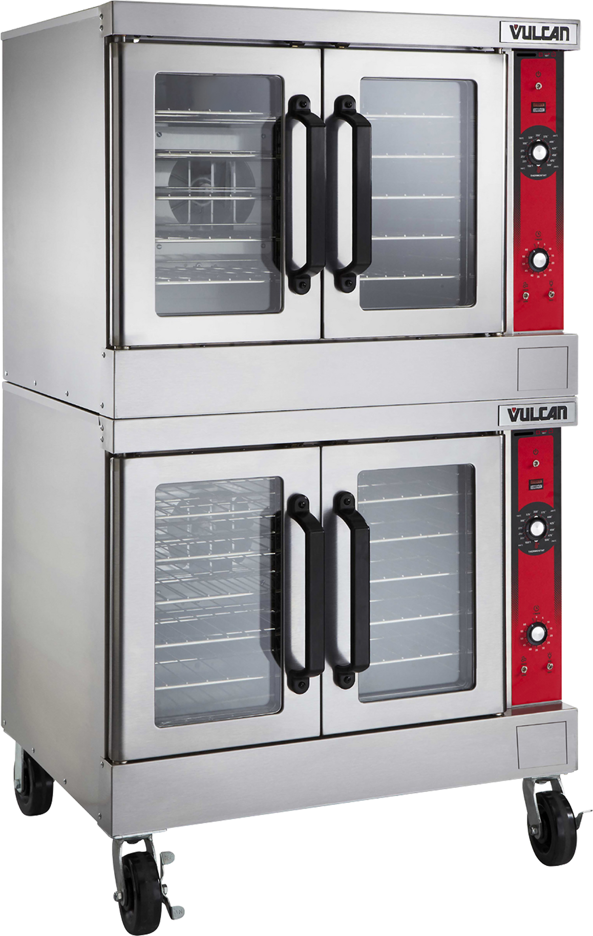 A double-stacked, stainless steel Vulcan electric double-deck convection oven on wheels, with two sets of glass doors, black handles, red control panels featuring dials and buttons, and interior oven racks visible through the glass.