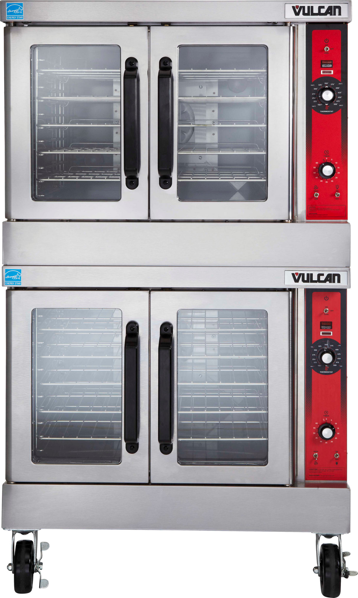 A double-deck gas convection oven with stainless steel doors, black handles, and large glass windows showing racks inside. The red control panels feature dials, switches, and a thermometer. The unit is on wheels for easy mobility.