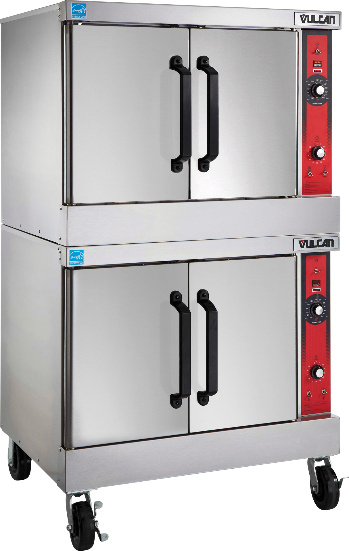 A commercial stainless steel double-deck gas convection oven on wheels with four black handles, red control panels, dials, and switches. The brand name “Vulcan” is visible on both ovens.