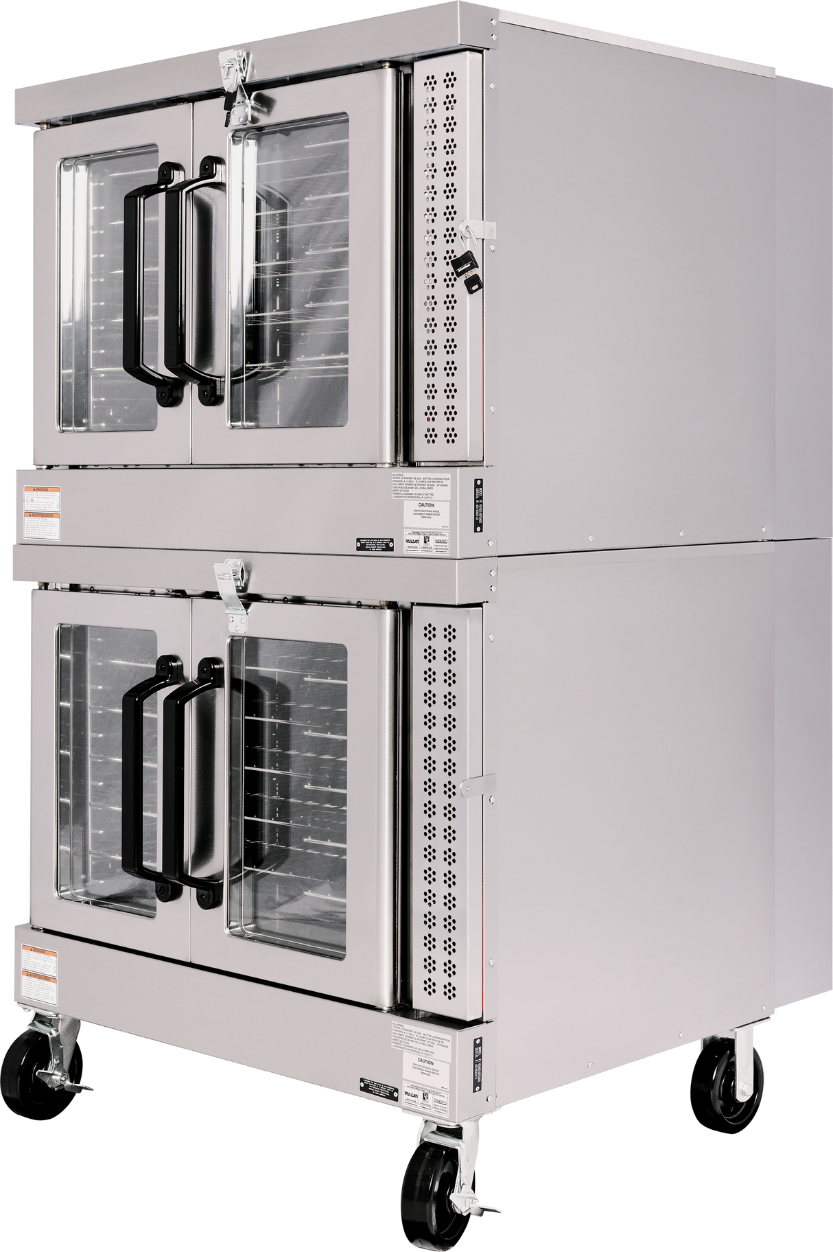 A commercial gas double-deck convection oven with a stainless steel exterior, four glass doors with black handles, and ventilation panels, mounted on caster wheels. Interior wire racks and control knobs are visible on the right side.