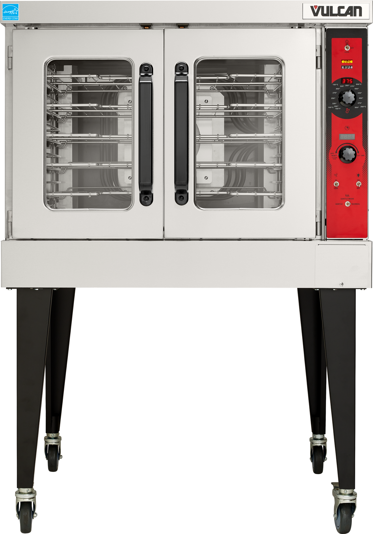 A Vulcan VC5ED convection oven with two glass doors, black handles, and a red control panel on the right featuring knobs and switches; this electric single-deck oven stands on wheeled legs and has multiple wire racks inside. Brand label is visible.
