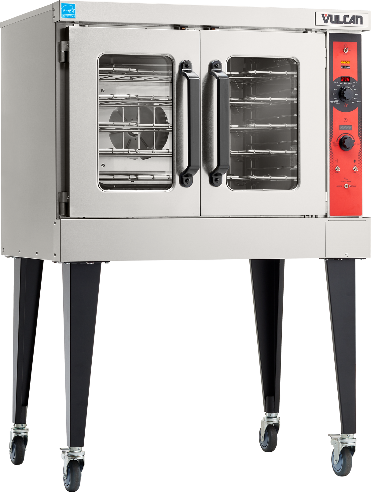 A commercial Vulcan VC5ED electric single-deck convection oven with a stainless steel body, red control panel, black handles, two glass doors, and four black legs on caster wheels. The interior shows rack positions and a visible fan on the left side.