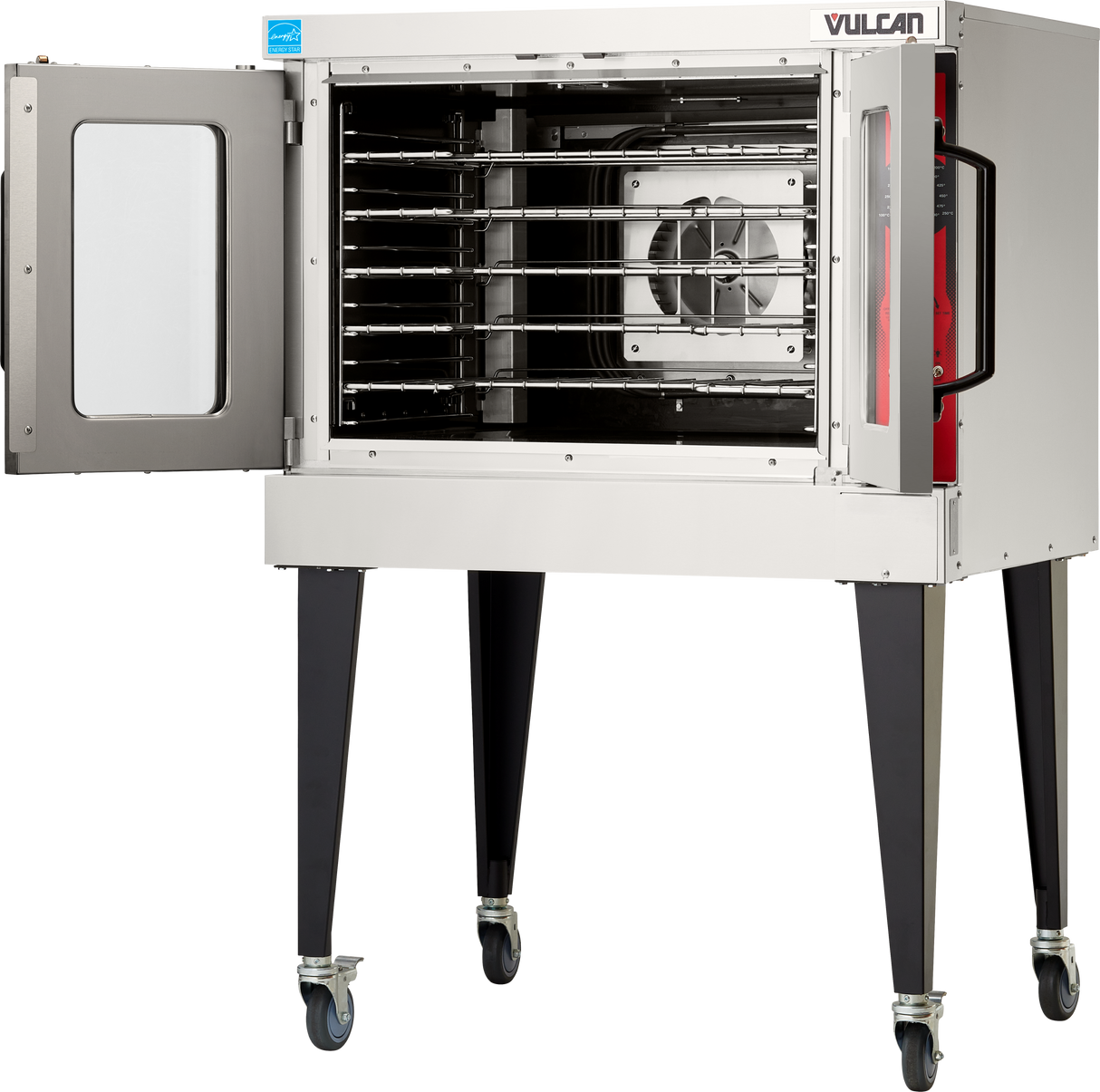 A stainless steel Vulcan VC5ED Electric Single-Deck Oven on wheels stands with its glass door open, revealing multiple wire racks and a visible fan inside. This commercial convection oven features four sturdy black legs and a right-side control panel.