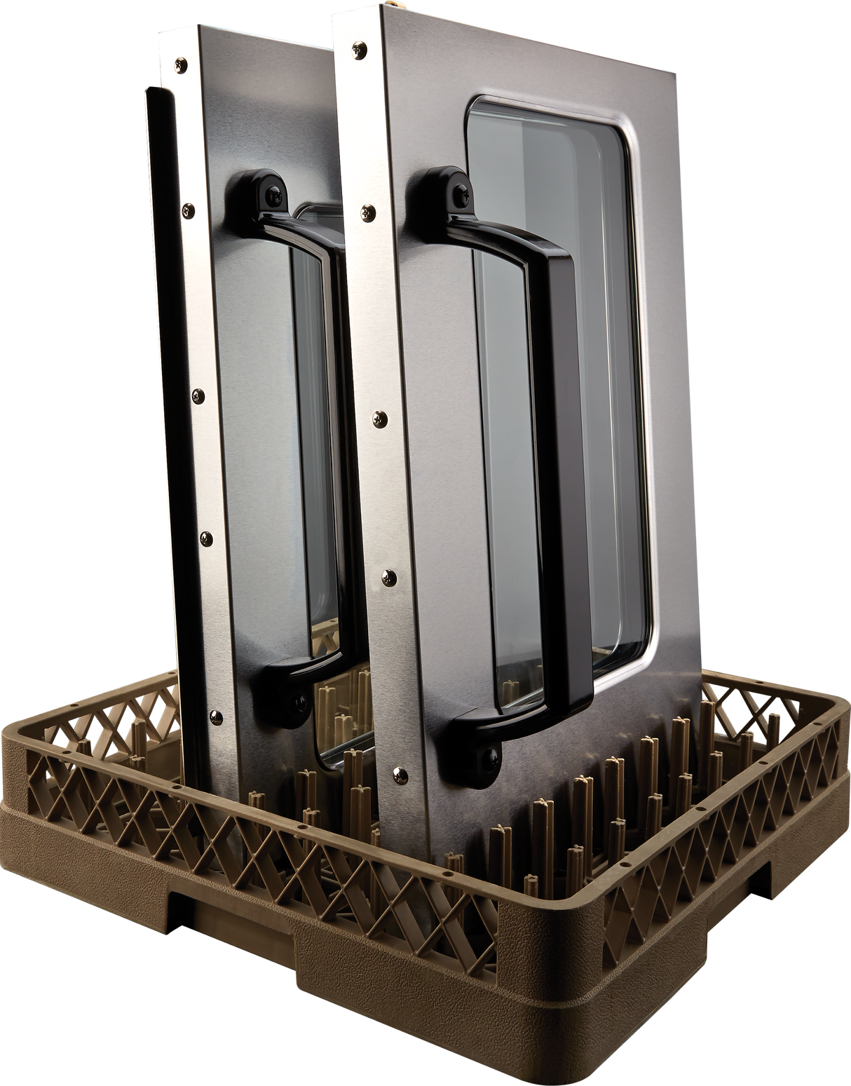 A brown plastic dishwasher rack holds two stainless steel convection oven doors with glass windows standing upright. The rack has a grid-like bottom and vertical prongs to keep the doors separated and stable. The background is plain white.