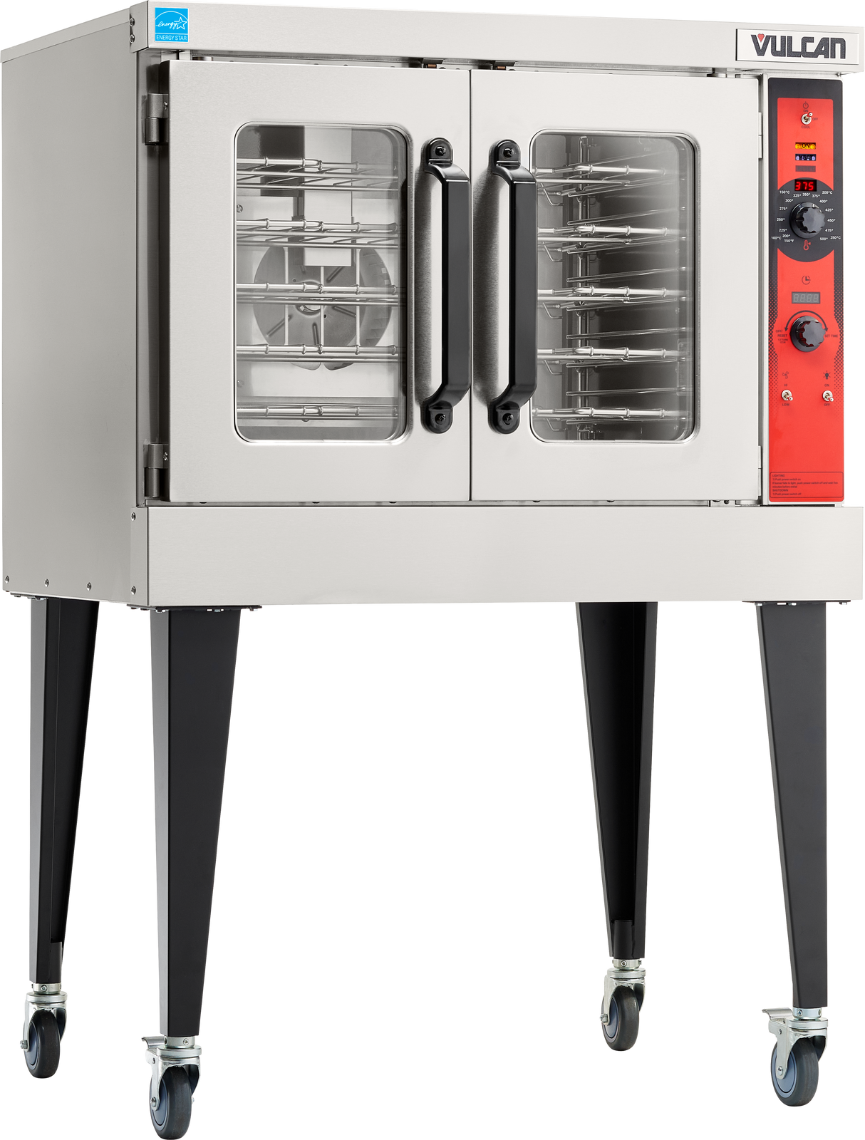 A Vulcan VC5GD commercial convection oven with clear double glass doors, black handles, a right-side control panel with dials and buttons, and four tall black legs with wheels. The gas single-deck oven interior features multiple wire racks.