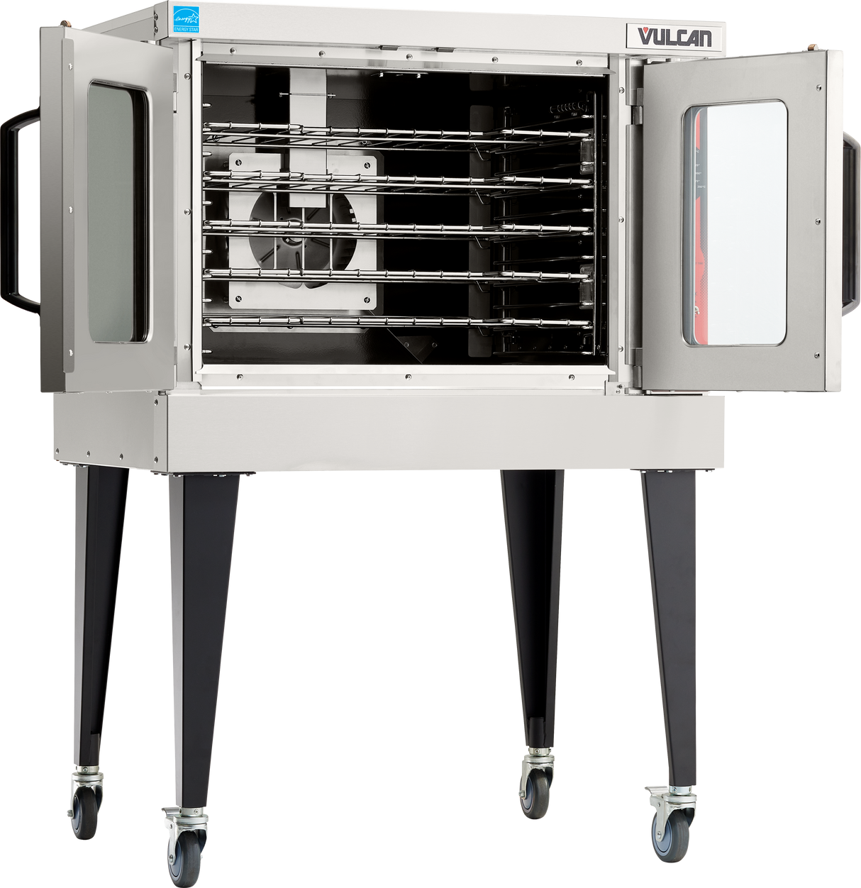 A Vulcan VC5GD commercial gas single-deck convection oven on wheels, with its glass door open to showcase interior racks and a large fan. The oven stands on four black caster legs and features handles on both sides.