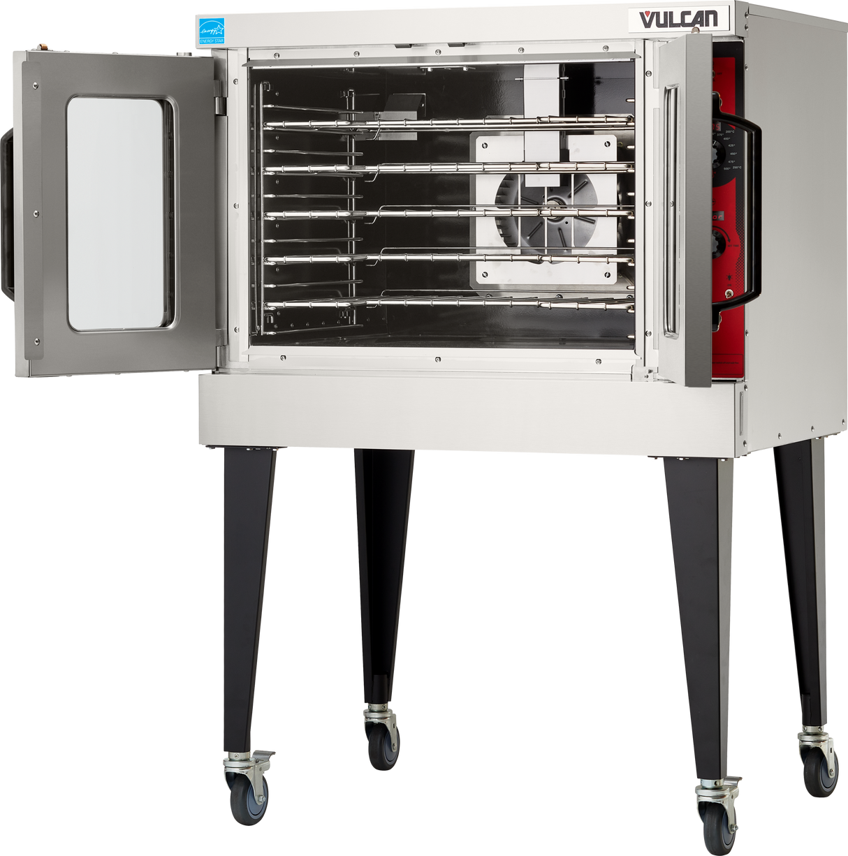 A Vulcan VC5GD gas single-deck convection oven stands on tall legs with wheels. Its side door is open, showing multiple metal racks inside and a large fan at the back. The control panel is visible on the right side of the oven.