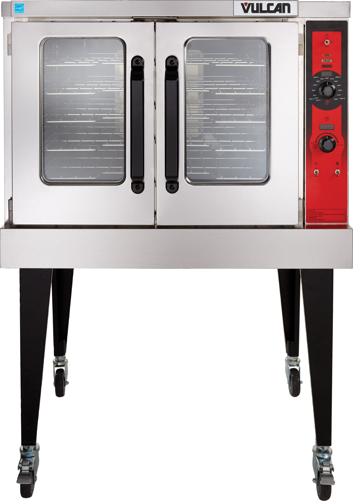 A Vulcan VC5GD commercial convection oven on wheels with two glass doors, black handles, and a red control panel with dials and switches. This gas single-deck oven stands on four black legs with locking casters; racks are visible through the doors.