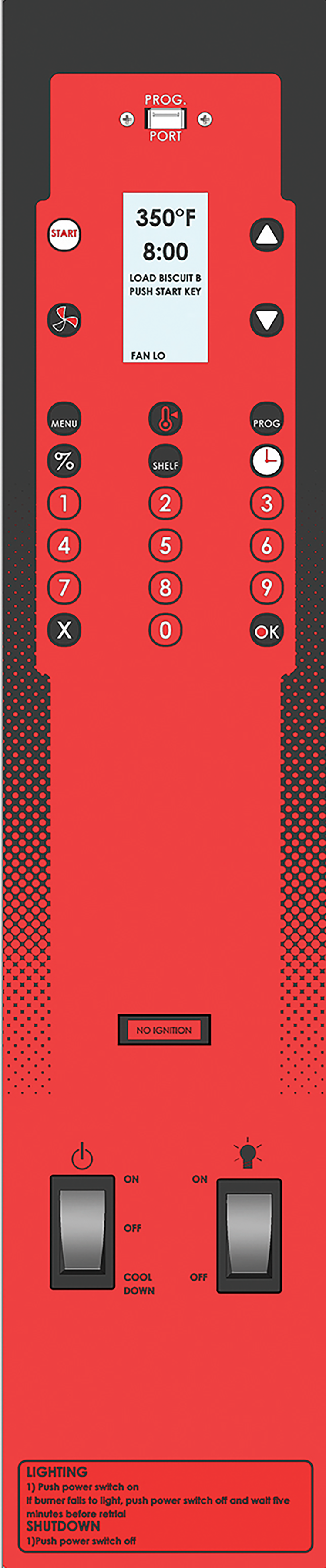 Vertical control panel with a red background, designed for a single-deck convection oven. Features include a small digital display, circular and arrow buttons, numeric keypad, black switches labeled FAN and CONVEYOR, plus printed operation and lighting instructions.