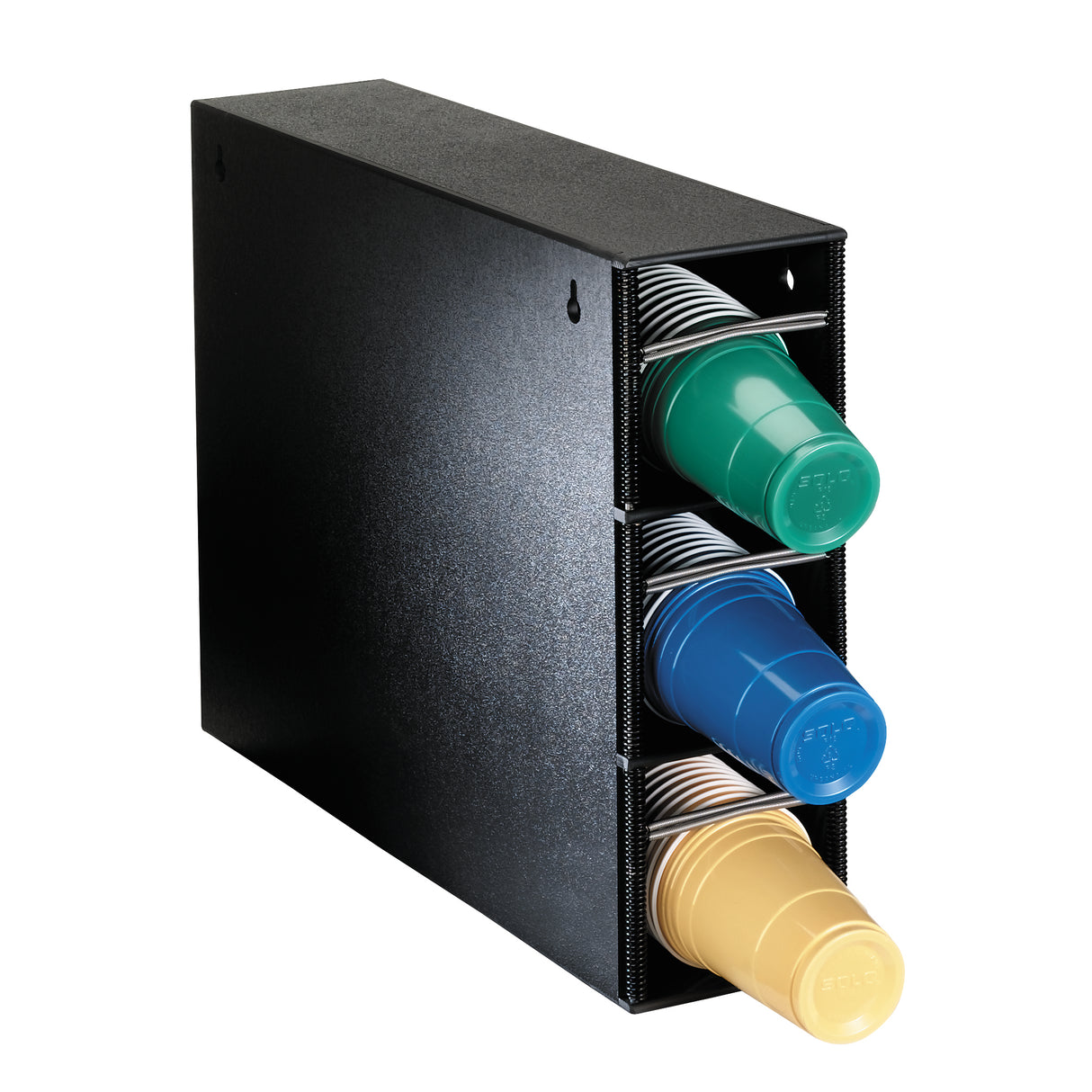 A black, rectangular plastic Dispense-Rite holds three stacks of plastic cups—green, blue, and beige. This adjustable cup dispenser loads stacks horizontally, with cup rims facing outward for easy access.